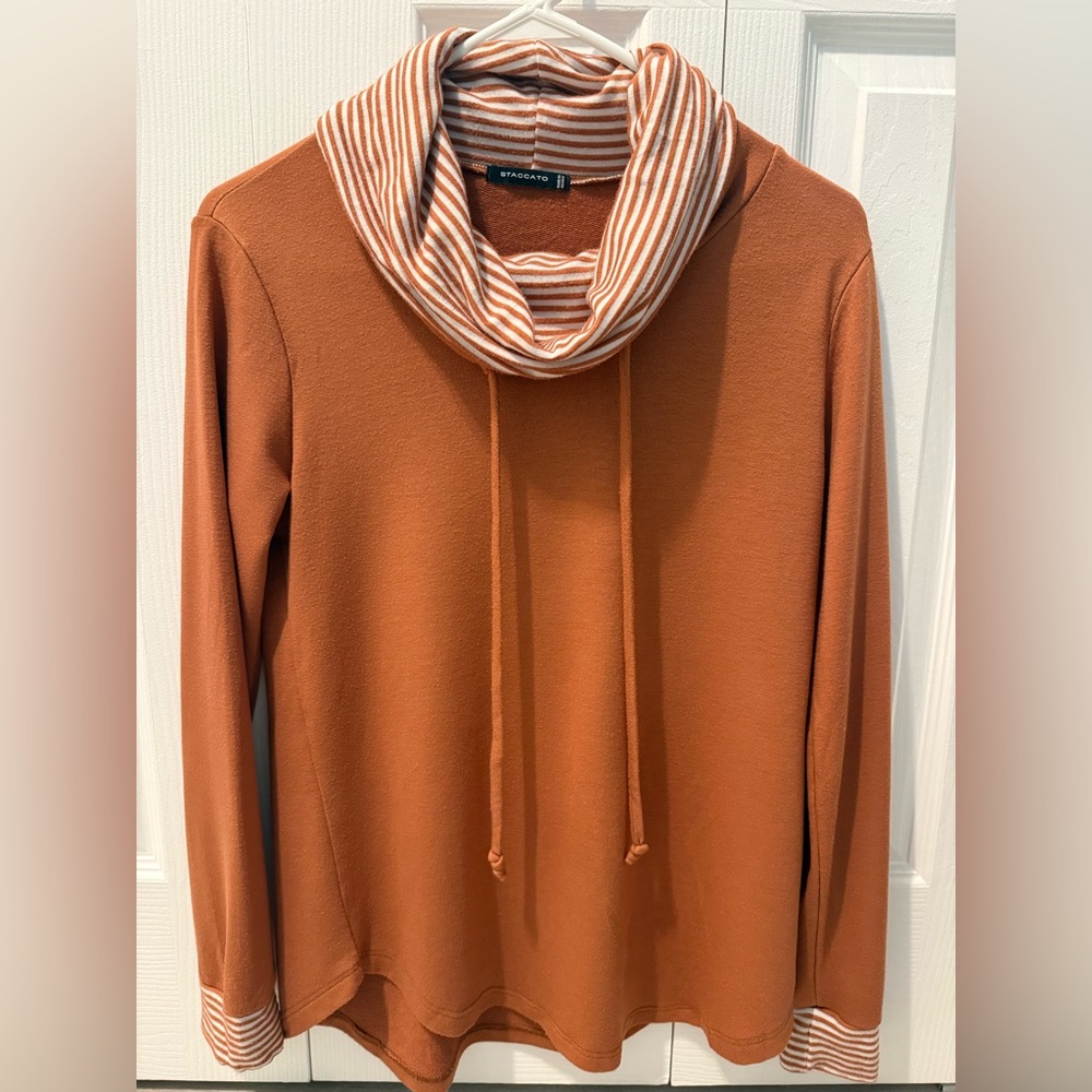 Staccato Woman’s fall long sleeve shirt in Deep Orange with white striped neck